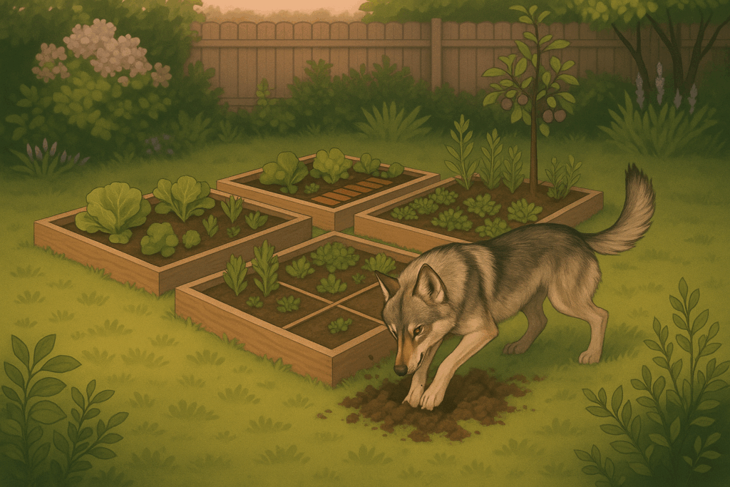 Chien-loup qui creuse dans le jardin